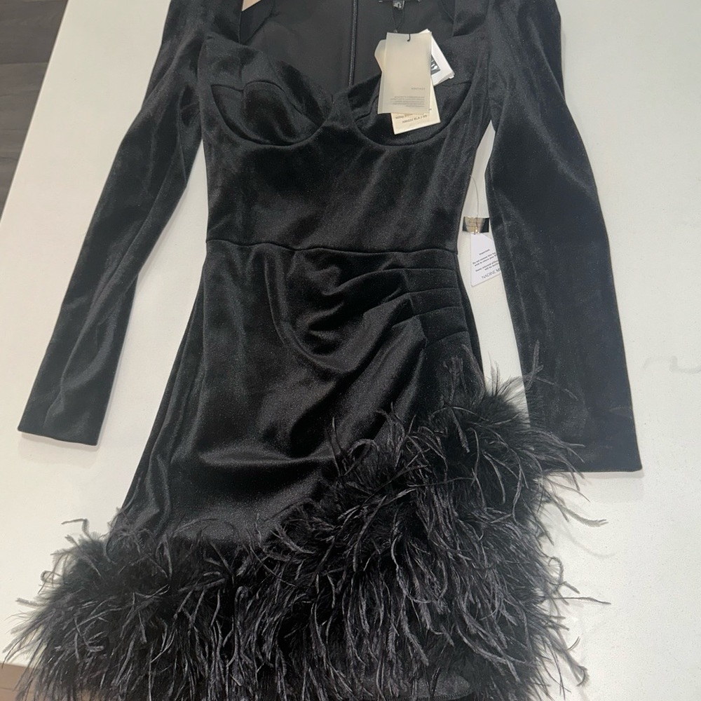 NADINE MERABI Black Long Sleeve Feathered Dress